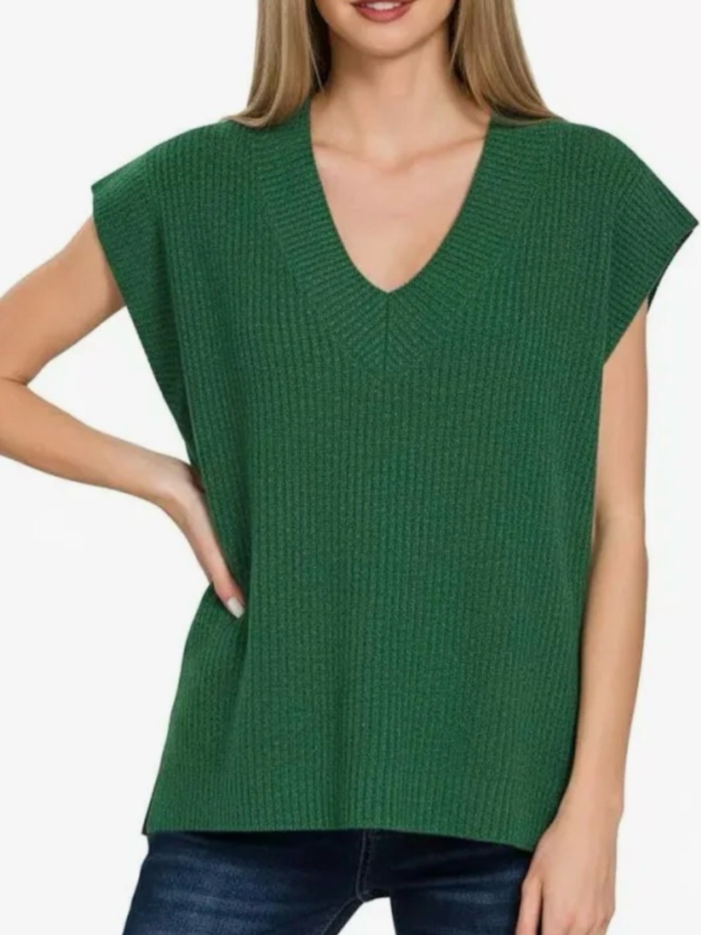 Zenana Outfitters Emerald Green V-Neck Knit Sweater Vest